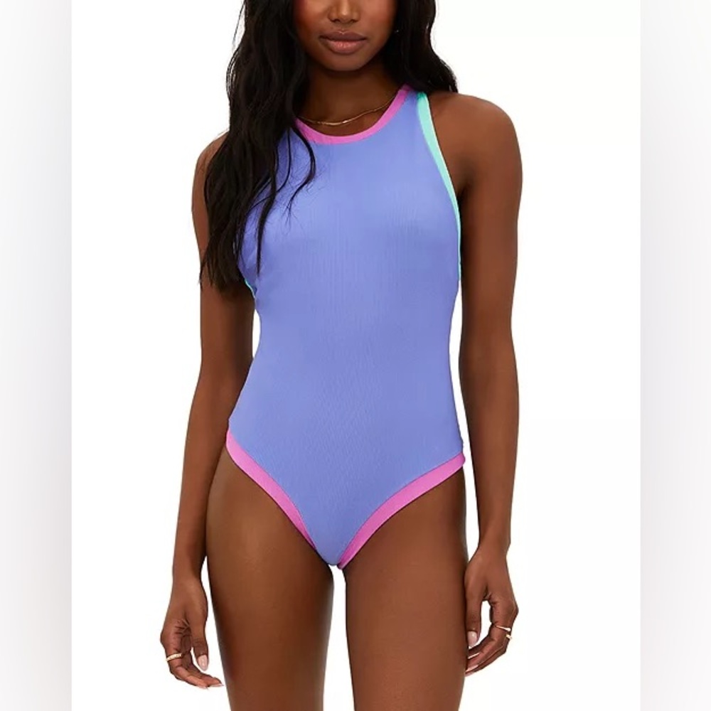 Beach Riot Blue One Piece Swimsuit with Pink and Green Accents